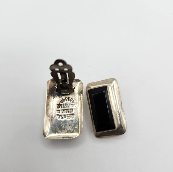 TAXCO MEXICO 925 STERLING SILVER black Onyx rectangular shape clip on earrings - Picture 2 of 5